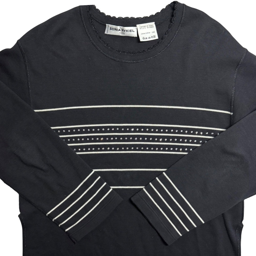 Sonia Rykiel Paris Tunic Top‎ Medium Striped Embellished Long Sleeve Black White - Picture 7 of 7